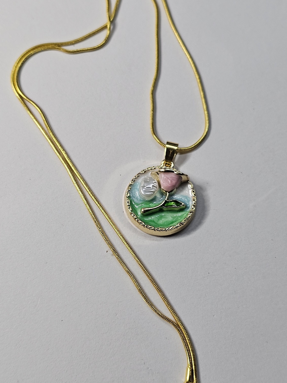 Gold Pendant Necklace with Pink Rose Enamel Accent - Picture 3 of 3